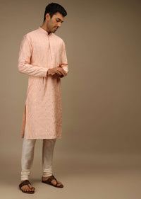 Powder Peach Kurta Set In Silk With Thread And Abla Embroidered Geometric Motifs In Striped Design