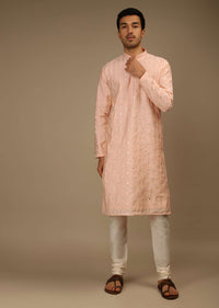 Powder Peach Kurta Set In Silk With Thread And Abla Embroidered Geometric Motifs In Striped Design