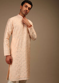 Powder Peach Kurta Set In Silk With Thread And Abla Embroidered Geometric Motifs In Striped Design