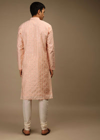 Powder Peach Kurta Set In Silk With Thread And Abla Embroidered Geometric Motifs In Striped Design