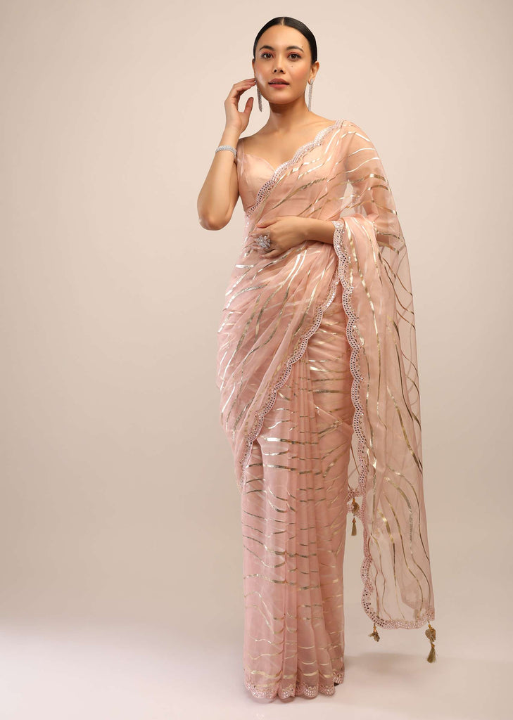 Powder Peach Saree In Organza With Foil Printed Scattered Dots And Mirror Embroidered Scallop Border