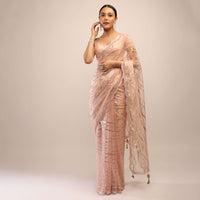 Powder Peach Saree In Organza With Foil Printed Scattered Dots And Mirror Embroidered Scallop Border