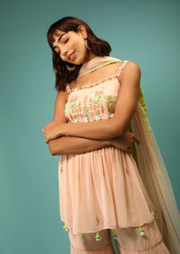 Powder Peach Sharara And Peplum Suit With 3D Satin Flowers And Multi Colored Bead Work In Floral Motifs