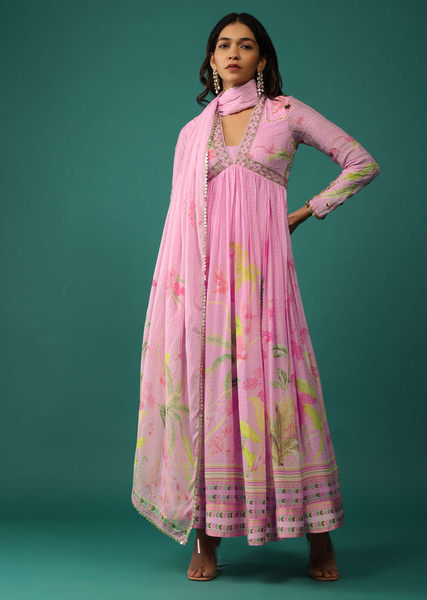 Powder Pink Anarkali In Georgette With Cut Dana Embroidery