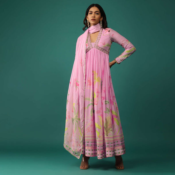 Powder Pink Anarkali In Georgette With Cut Dana Embroidery