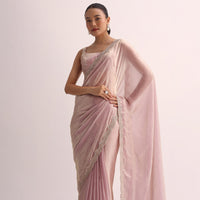 Powder Pink Embroidered Saree And Unstitched Blouse