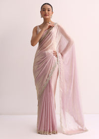 Powder Pink Embroidered Saree And Unstitched Blouse