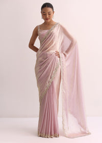 Powder Pink Embroidered Saree And Unstitched Blouse