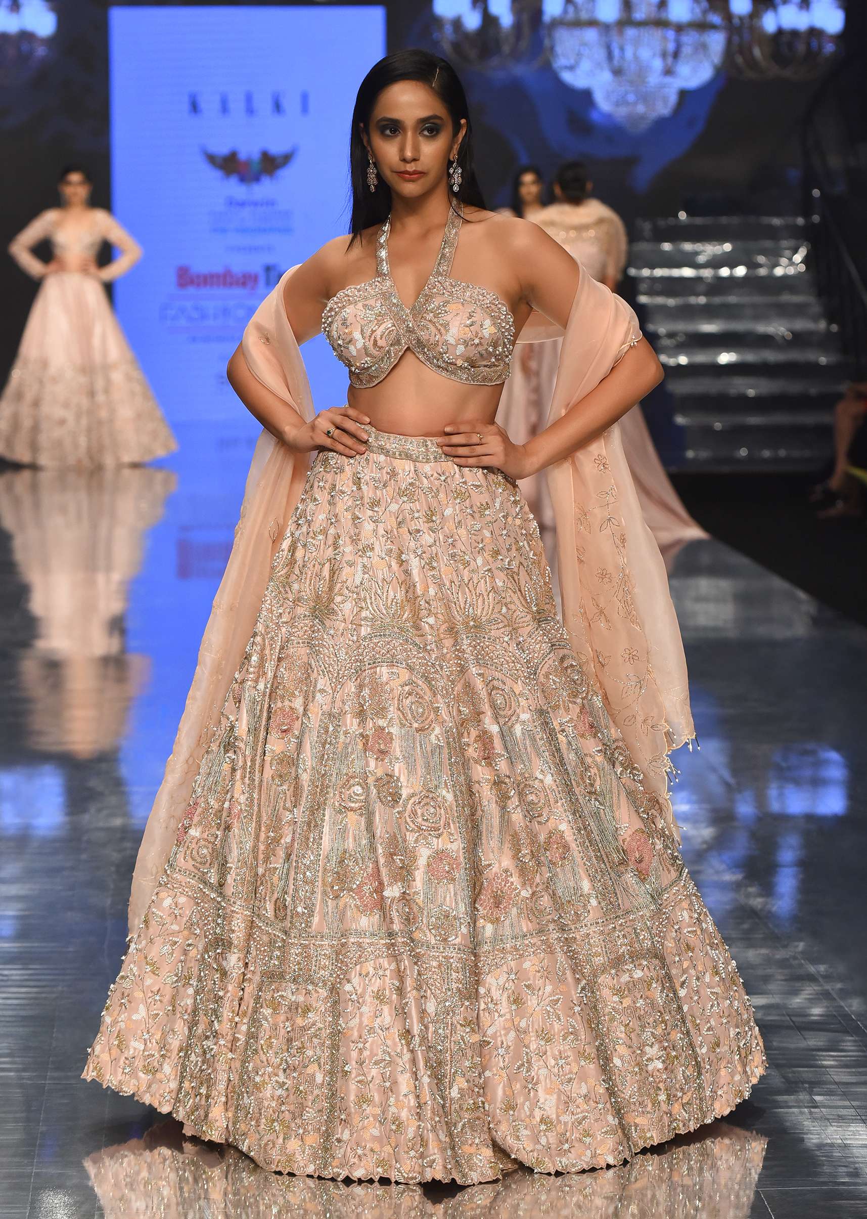 Powder Pink Festive Silver Pink Bela Lehenga Set In Embroidery And Halter Blouse - NOOR 2022