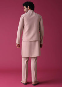 Powder Pink Jacket Kurta Set In Silk With Intricate Threadwork