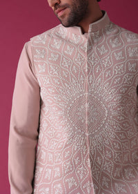 Powder Pink Jacket Kurta Set In Silk With Intricate Threadwork