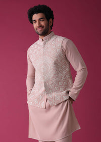 Powder Pink Jacket Kurta Set In Silk With Intricate Threadwork