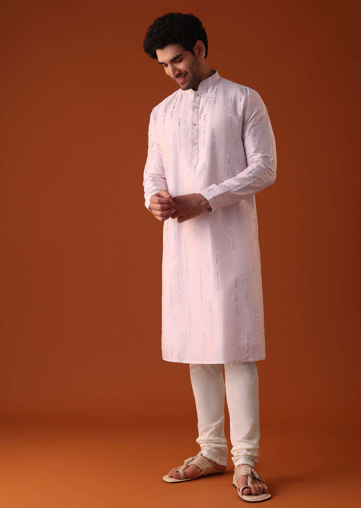 Powder Pink Kurta Set With Abla Mirror Work In Silk