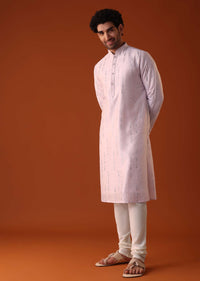 Powder Pink Kurta Set With Abla Mirror Work In Silk