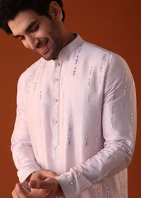 Powder Pink Kurta Set With Abla Mirror Work In Silk