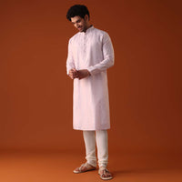 Powder Pink Kurta Set With Abla Mirror Work In Silk