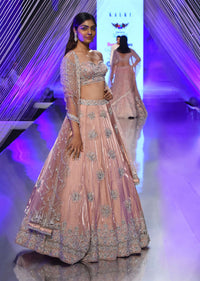 Powder Pink Lehenga And Off Shoulder Crop Top In 3D Floral Motifs Embroidery, Matching Net Dupatta With Stone Fringes