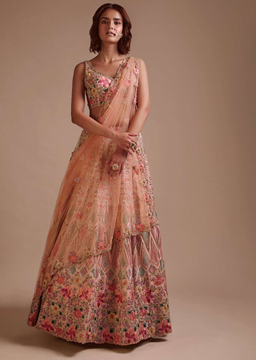 Powder Pink Lehenga Choli In Raw Silk With Colorful Resham And Sequins Embroidered Geometric And Floral Motifs