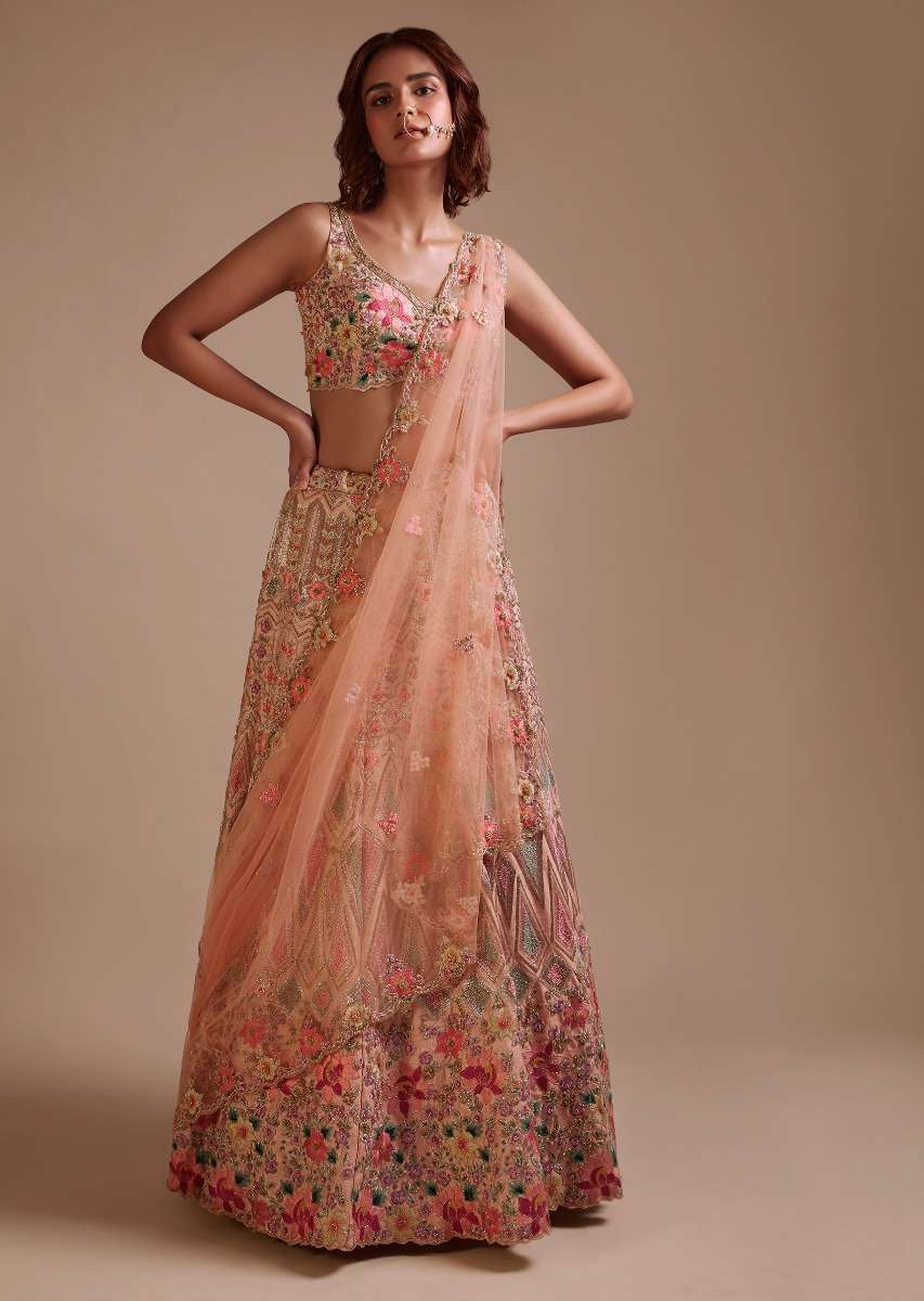 Powder Pink Lehenga Choli In Raw Silk With Colorful Resham And Sequins Embroidered Geometric And Floral Motifs