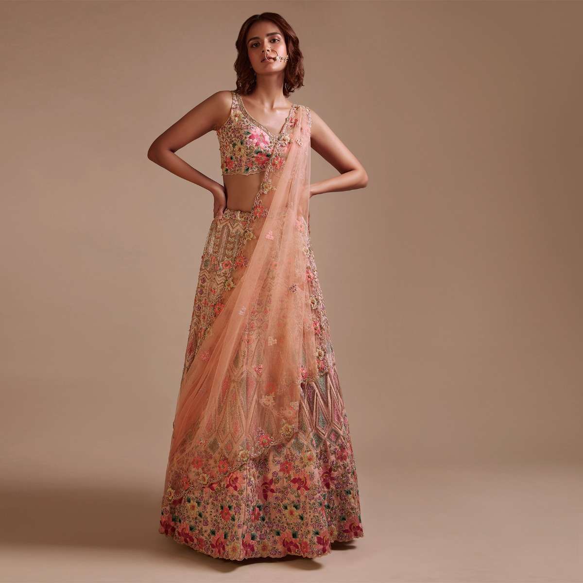 Powder Pink Lehenga Choli In Raw Silk With Colorful Resham And Sequins Embroidered Geometric And Floral Motifs