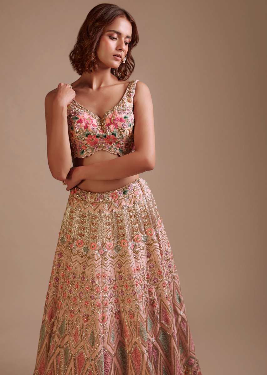 Powder Pink Lehenga Choli In Raw Silk With Colorful Resham And Sequins Embroidered Geometric And Floral Motifs