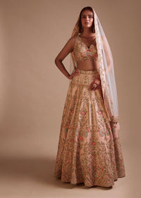 Powder Pink Lehenga Choli With Hand Embossed Embroidery Detailing In Ornate Floral Kalis And Mughal Motifs