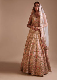 Powder Pink Lehenga Choli With Hand Embossed Embroidery Detailing In Ornate Floral Kalis And Mughal Motifs