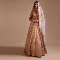 Powder Pink Lehenga Choli With Hand Embossed Embroidery Detailing In Ornate Floral Kalis And Mughal Motifs