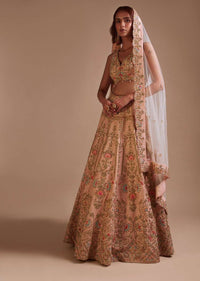 Powder Pink Lehenga Choli With Hand Embossed Embroidery Detailing In Ornate Floral Kalis And Mughal Motifs