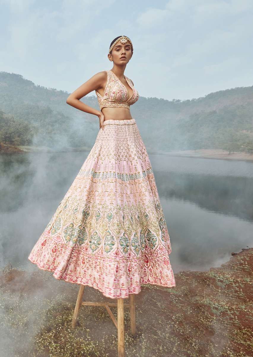 Powder Pink Lehenga Choli With Multicolor Hand Embossed Embroidery Detailing In Floral And Moroccan Motifs