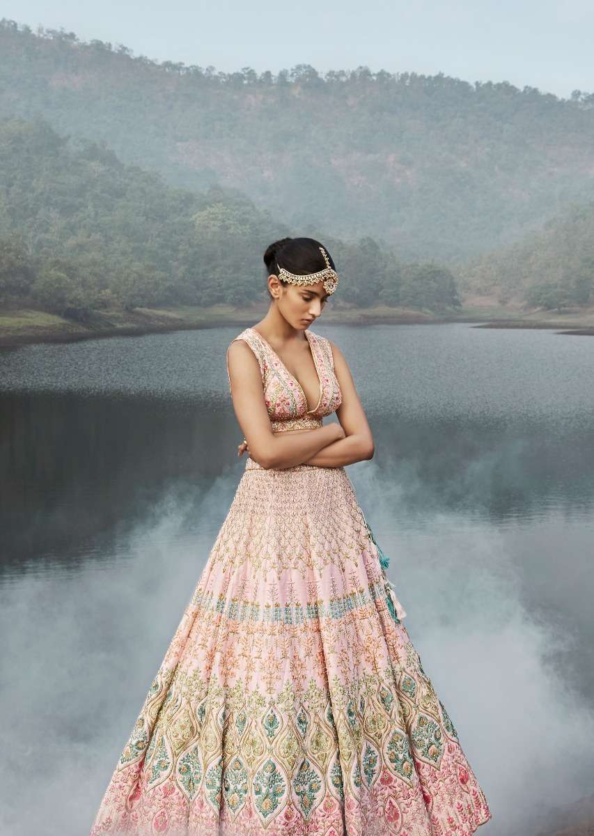 Powder Pink Lehenga Choli With Multicolor Hand Embossed Embroidery Detailing In Floral And Moroccan Motifs