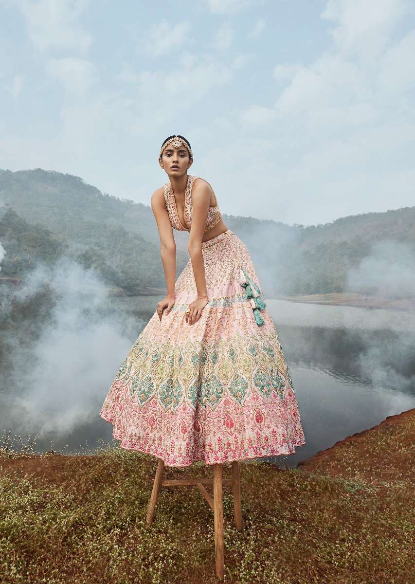 Powder Pink Lehenga Choli With Multicolor Hand Embossed Embroidery Detailing In Floral And Moroccan Motifs