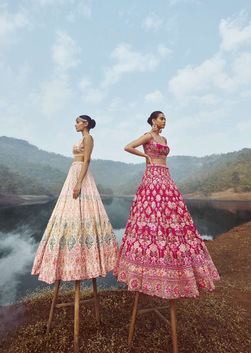 Powder Pink Lehenga Choli With Multicolor Hand Embossed Embroidery Detailing In Floral And Moroccan Motifs