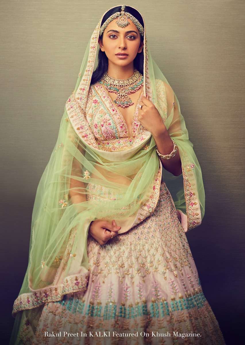 Powder Pink Lehenga Choli With Multicolor Hand Embossed Embroidery Detailing In Floral And Moroccan Motifs