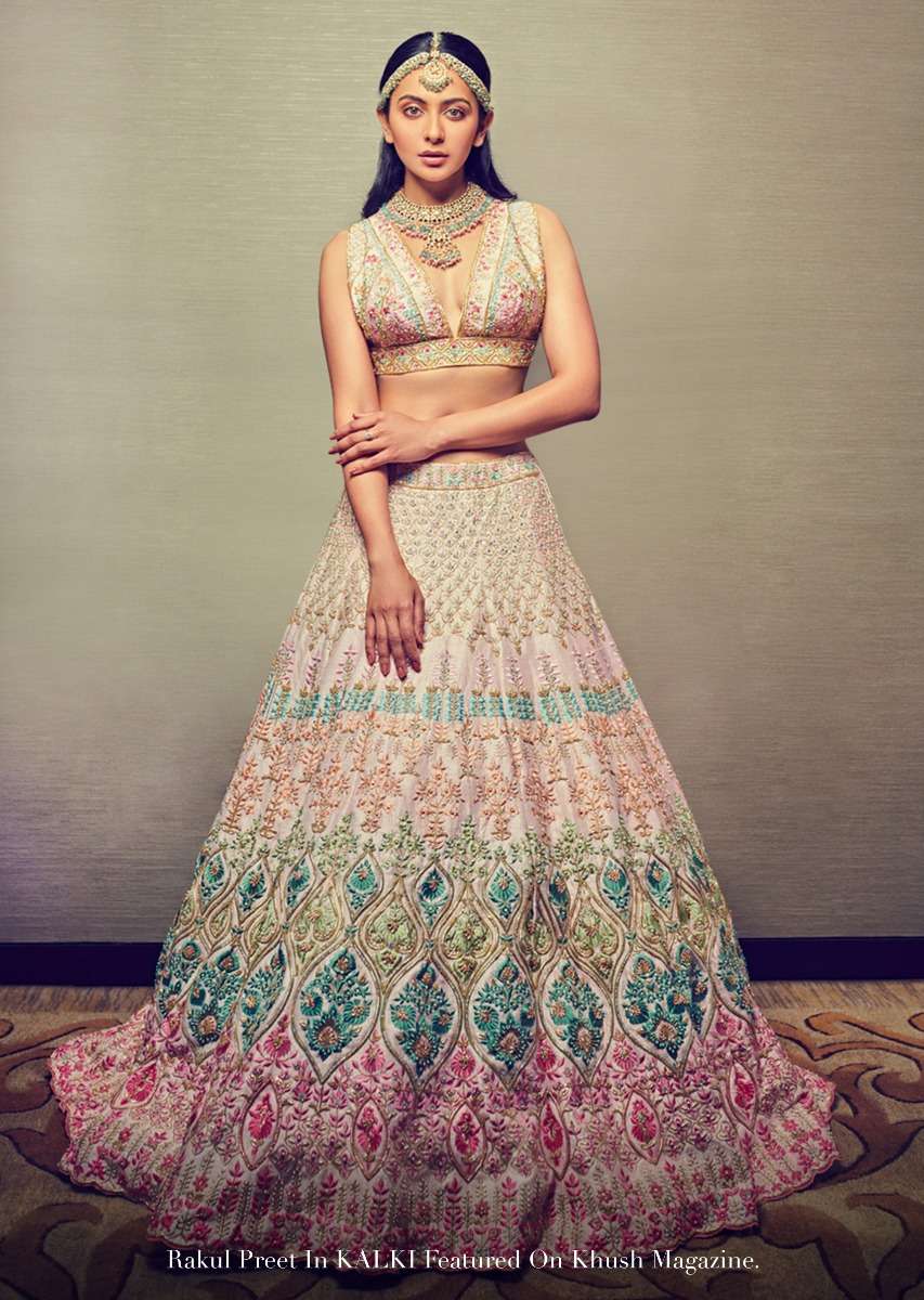 Powder Pink Lehenga Choli With Multicolor Hand Embossed Embroidery Detailing In Floral And Moroccan Motifs