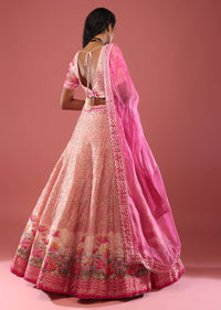 Powder Pink Lehenga In Silk With Tomb And Floral Print And Hand Embroidery Detailing