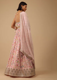 Powder Pink Lehenga Set In Chinon With Floral Print And Gota Work On The Hem