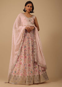 Powder Pink Lehenga Set In Chinon With Floral Print And Gota Work On The Hem