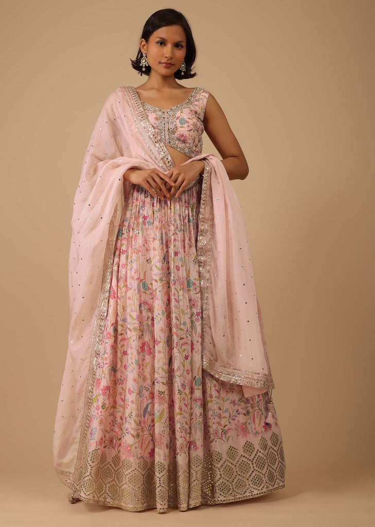 Powder Pink Lehenga Set In Chinon With Floral Print And Gota Work On The Hem