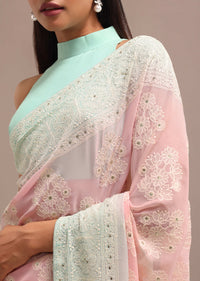 Powder Pink Ombre Chikankari Saree With Unstitched Blouse