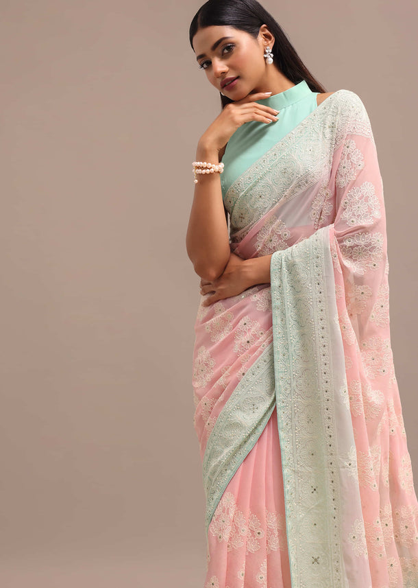 Powder Pink Ombre Chikankari Saree With Unstitched Blouse