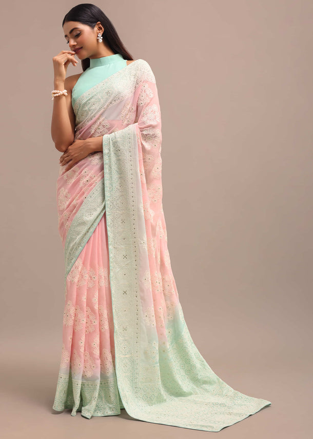 Powder Pink Ombre Chikankari Saree With Unstitched Blouse