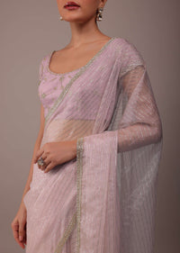 Powder Pink Organza Saree With Zari And Cut Dana Work