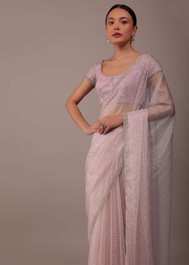 Powder Pink Organza Saree With Zari And Cut Dana Work