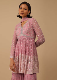 Powder Pink Sharara Suit Set In Georgette With Lucknowi Embroidery