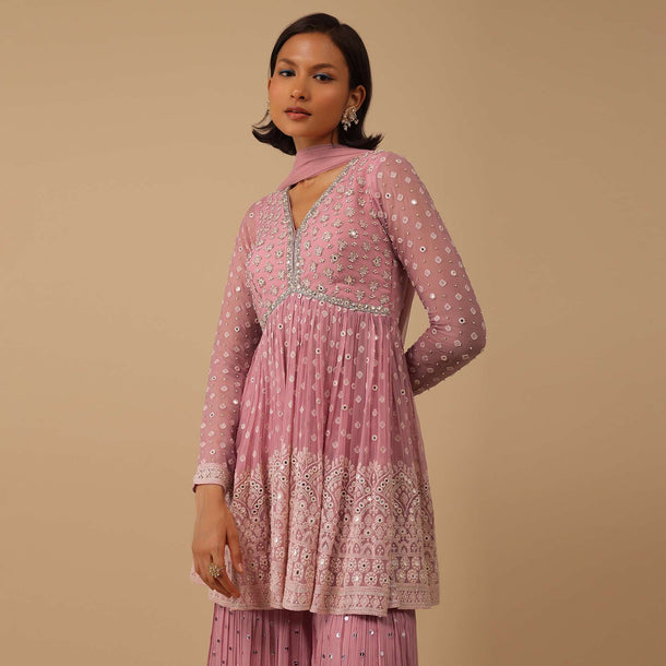 Powder Pink Sharara Suit Set In Georgette With Lucknowi Embroidery