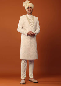 Powder Pink Sherwani Set In Silk WIth Floral Print And Cut Dana Embroidery