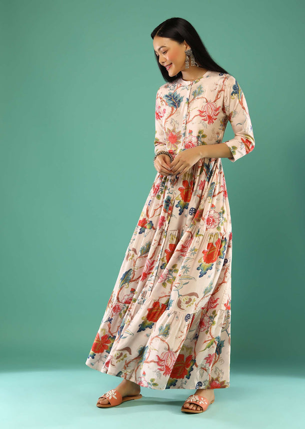 Powder Pink Tiered Dress With Floral Print And Mock Placket  Online - Re By Kalki