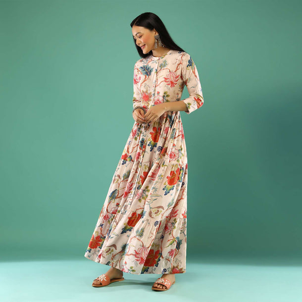 Powder Pink Tiered Dress With Floral Print And Mock Placket  Online - Re By Kalki