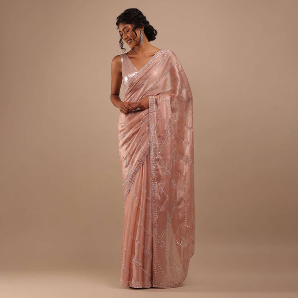 Powder Pink Tissue Organza Saree In Cut Dana Embroidery With Cutwork Detailing On The Border